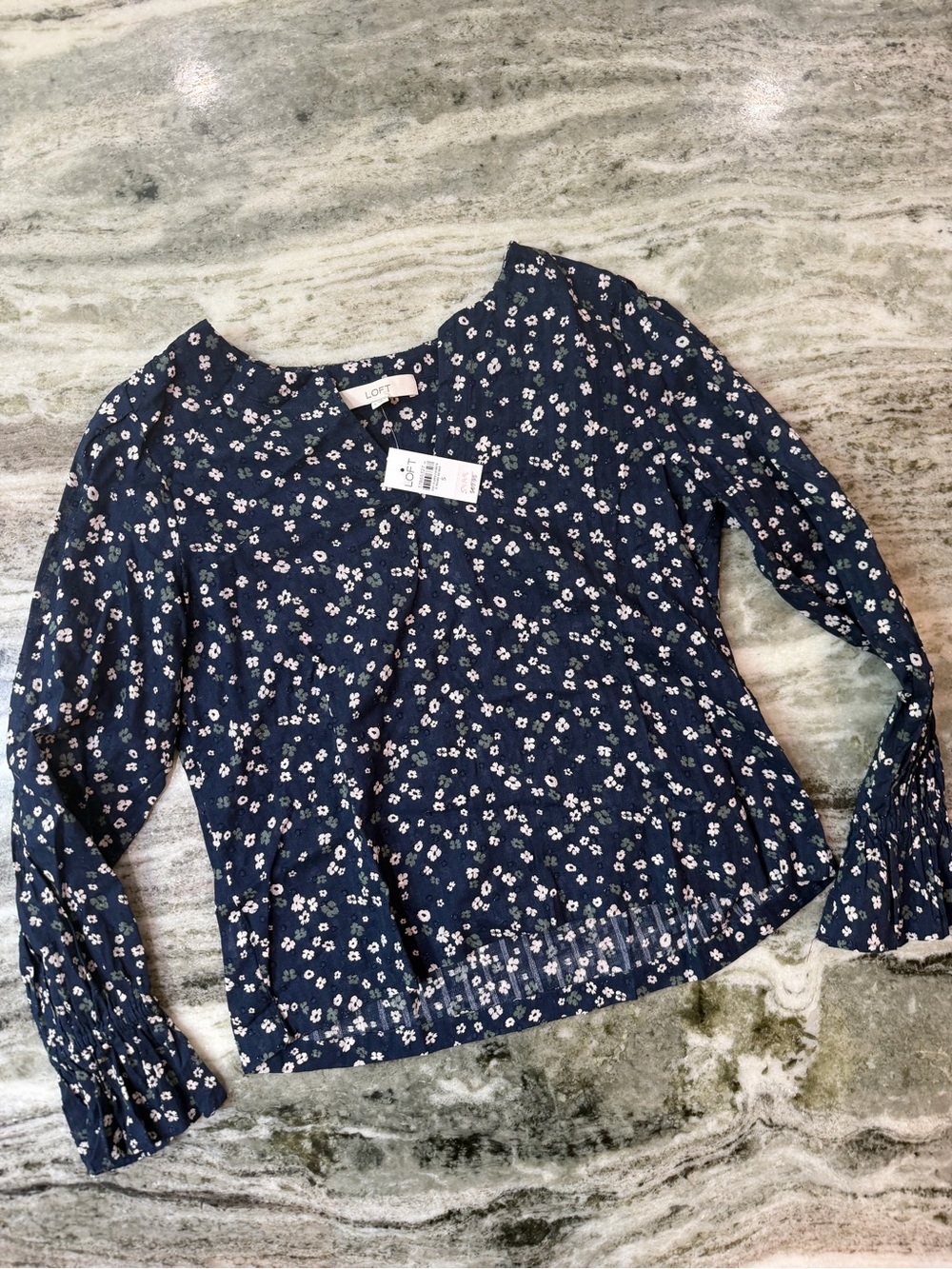 NWT LOFT Navy White Floral Long-Sleeve Blouse